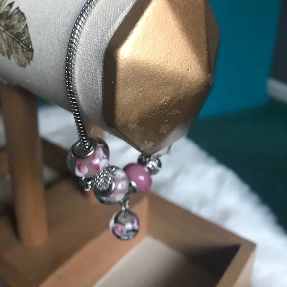Silver & Pink Glass Bead Charm Bracelet 7-8” - Picture 4 of 10